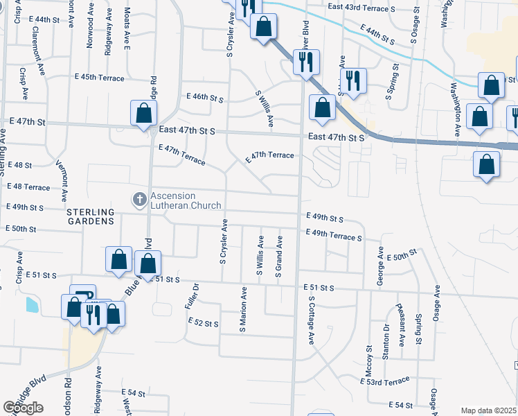 map of restaurants, bars, coffee shops, grocery stores, and more near 12509 East 48th Terrace South in Independence