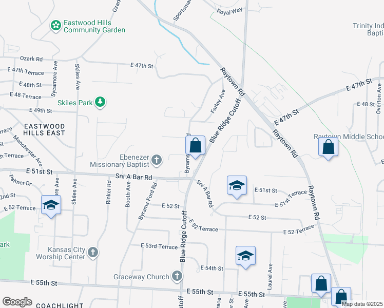 map of restaurants, bars, coffee shops, grocery stores, and more near 5009 Byrams Ford Road in Kansas City