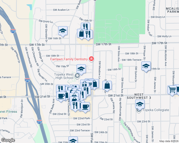 map of restaurants, bars, coffee shops, grocery stores, and more near 1824 Southwest Fairlawn Road in Topeka