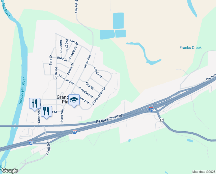 map of restaurants, bars, coffee shops, grocery stores, and more near 313 East Grandview Drive in Junction City