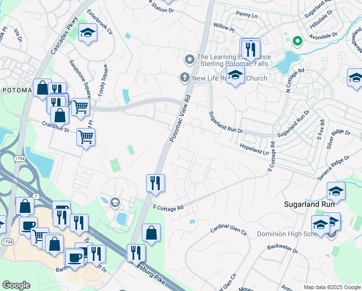 map of restaurants, bars, coffee shops, grocery stores, and more near 46614 Silhouette Square in Sterling