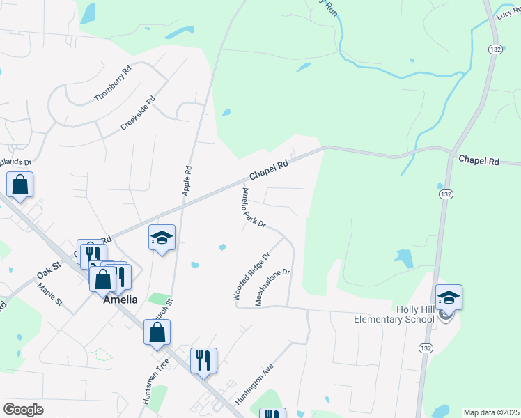 map of restaurants, bars, coffee shops, grocery stores, and more near 7 Glenpark Court in Amelia
