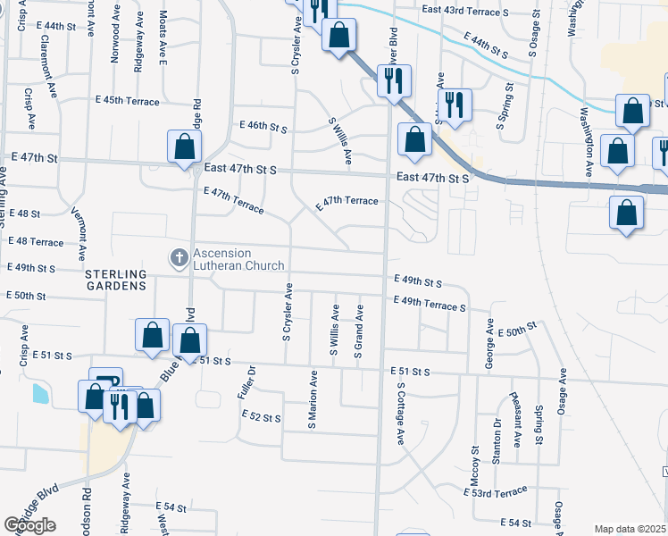 map of restaurants, bars, coffee shops, grocery stores, and more near 12509 East 48th Terrace South in Independence