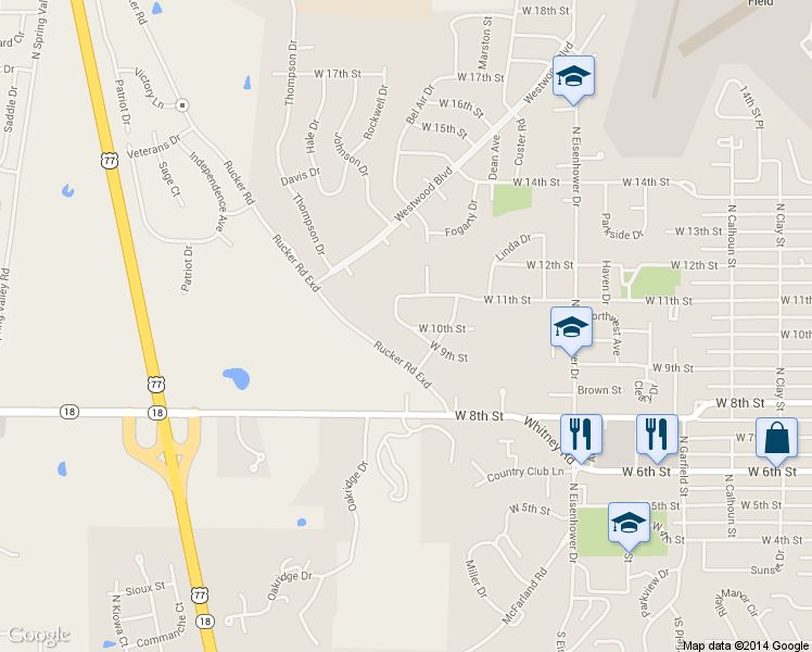 map of restaurants, bars, coffee shops, grocery stores, and more near 1448 West 11th Street in Junction City