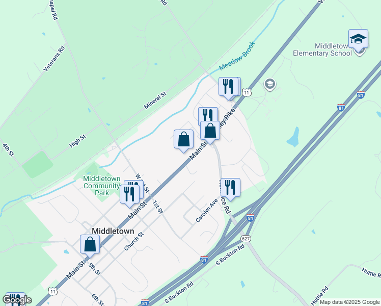 map of restaurants, bars, coffee shops, grocery stores, and more near 7689 Main Street in Middletown