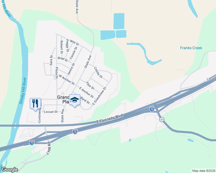 map of restaurants, bars, coffee shops, grocery stores, and more near 313 East Grandview Drive in Junction City