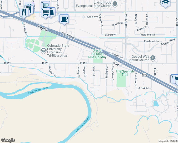 map of restaurants, bars, coffee shops, grocery stores, and more near 196 Thompson Rd in Grand Junction