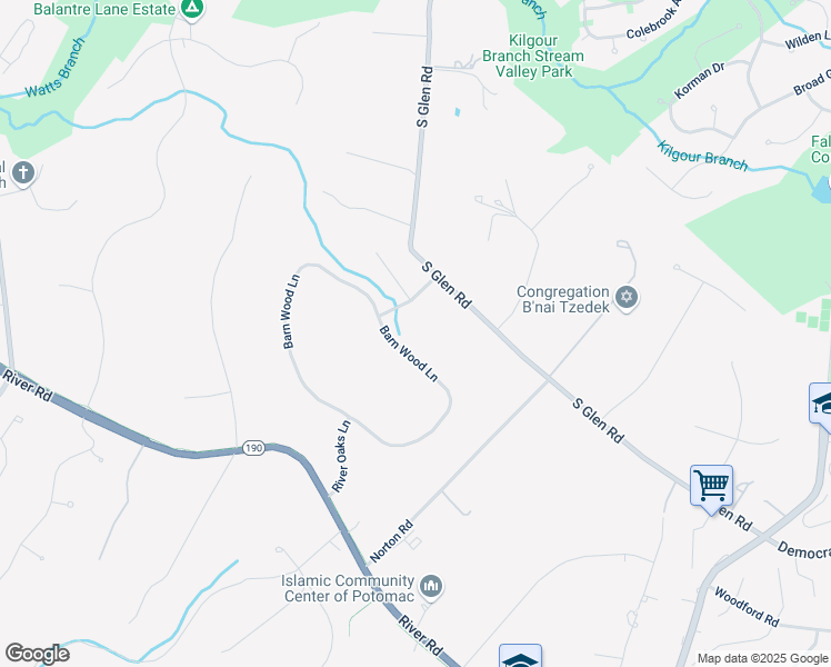 map of restaurants, bars, coffee shops, grocery stores, and more near 10904 Barn Wood Lane in Potomac