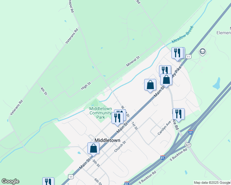 map of restaurants, bars, coffee shops, grocery stores, and more near 2470 1st St in Middletown