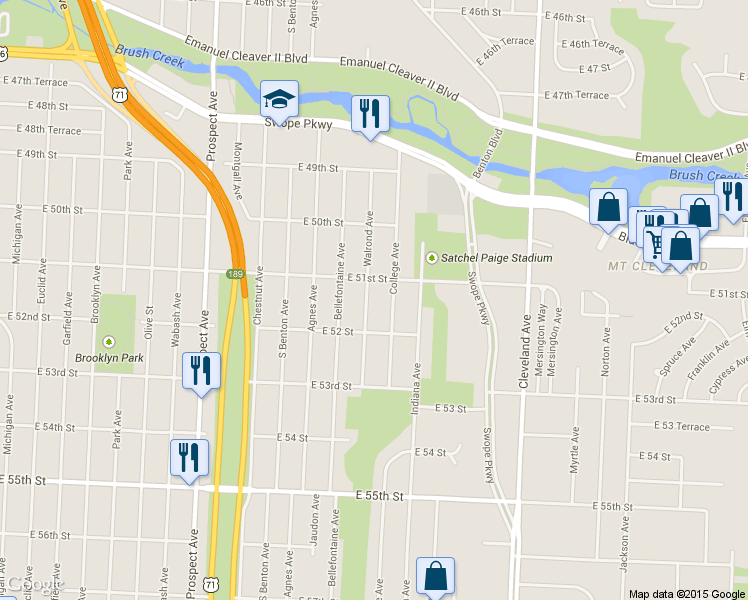 map of restaurants, bars, coffee shops, grocery stores, and more near 5121 Walrond Avenue in Kansas City