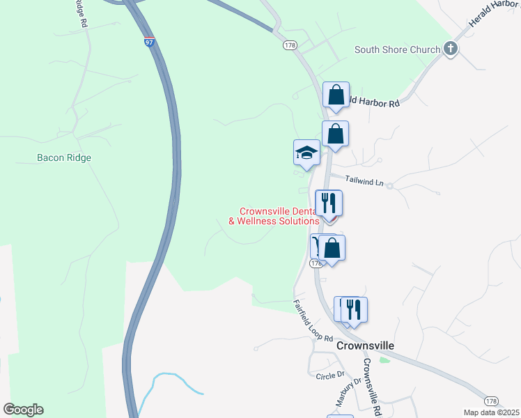 map of restaurants, bars, coffee shops, grocery stores, and more near 803 Fairridge Drive in Crownsville