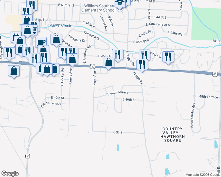 map of restaurants, bars, coffee shops, grocery stores, and more near 14910 East 47th Terrace in Kansas City