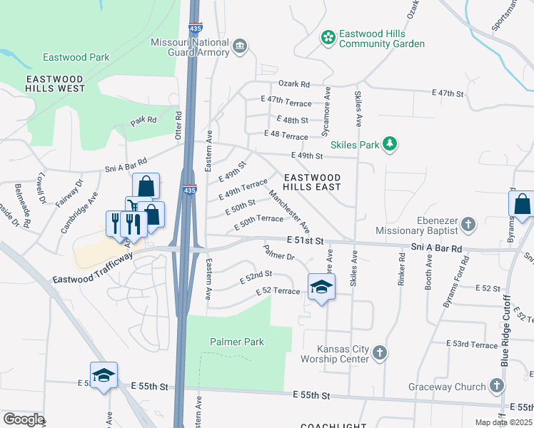 map of restaurants, bars, coffee shops, grocery stores, and more near 7700 East 50th Terrace in Kansas City