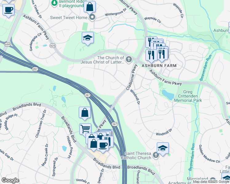map of restaurants, bars, coffee shops, grocery stores, and more near 43191 Rockfield Court in Ashburn