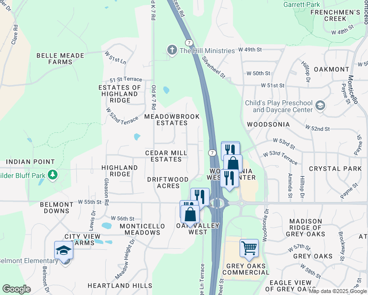 map of restaurants, bars, coffee shops, grocery stores, and more near 5303 Findley Street in Shawnee