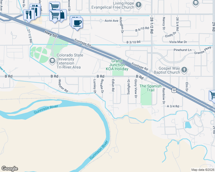 map of restaurants, bars, coffee shops, grocery stores, and more near 196 Thompson Rd in Grand Junction