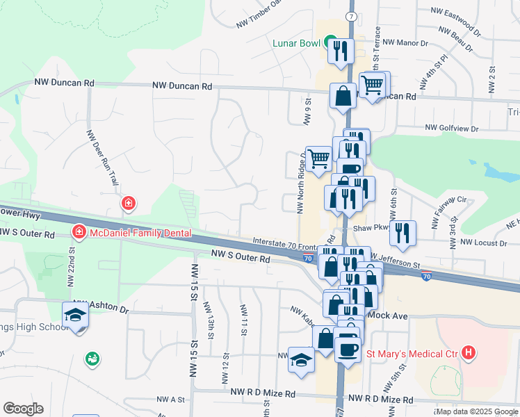 map of restaurants, bars, coffee shops, grocery stores, and more near 1015 Northwest Porter Court in Blue Springs