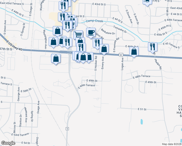 map of restaurants, bars, coffee shops, grocery stores, and more near 4800 South Hocker Road in Kansas City