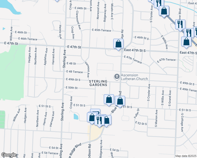 map of restaurants, bars, coffee shops, grocery stores, and more near 4822 Norwood Avenue in Kansas City