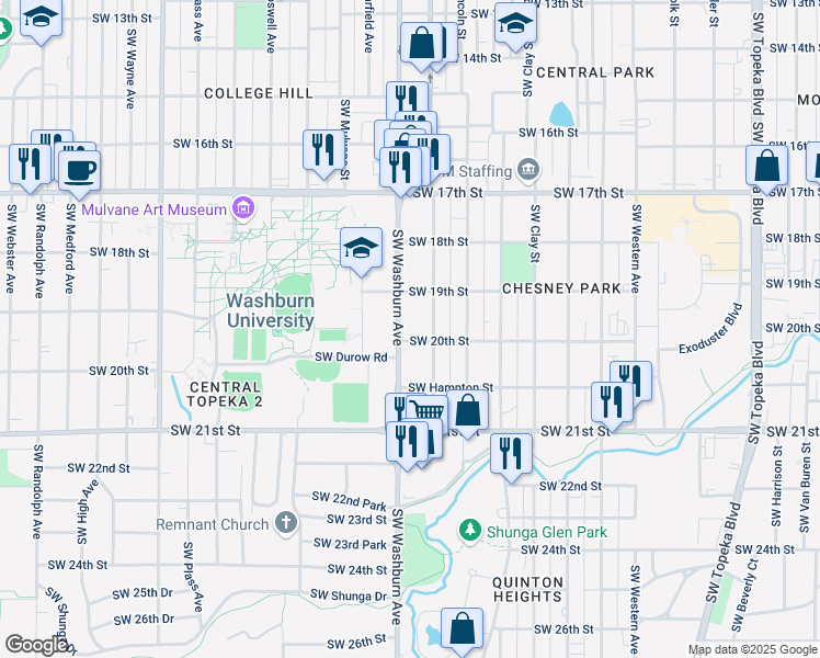 map of restaurants, bars, coffee shops, grocery stores, and more near 1926 Southwest Washburn Avenue in Topeka