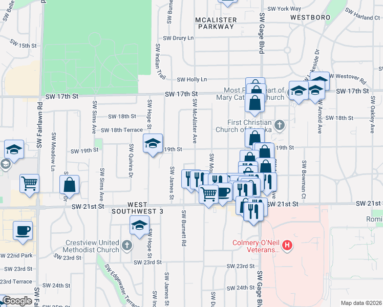 map of restaurants, bars, coffee shops, grocery stores, and more near 4317 Southwest 19th Street in Topeka