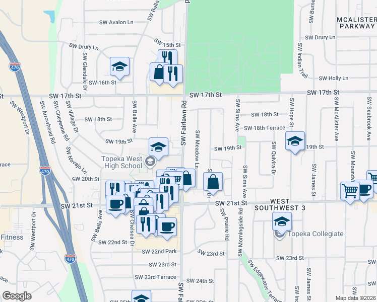 map of restaurants, bars, coffee shops, grocery stores, and more near 1824 Southwest Fairlawn Road in Topeka