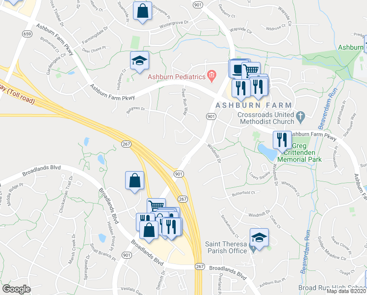 map of restaurants, bars, coffee shops, grocery stores, and more near 43191 Rockfield Court in Ashburn