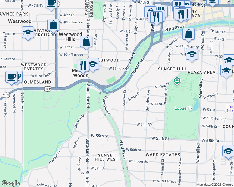 map of restaurants, bars, coffee shops, grocery stores, and more near 5227 Ward Parkway in Kansas City