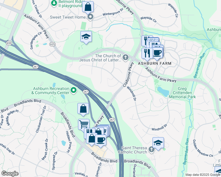 map of restaurants, bars, coffee shops, grocery stores, and more near 43187 Rockfield Court in Ashburn