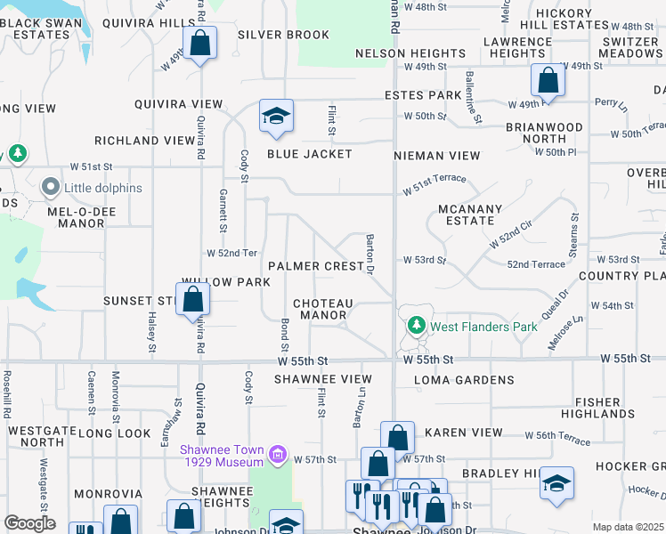 map of restaurants, bars, coffee shops, grocery stores, and more near 5304 McAnany Drive in Shawnee