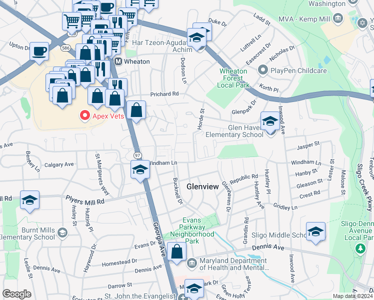 map of restaurants, bars, coffee shops, grocery stores, and more near 10811 Bucknell Drive in Silver Spring