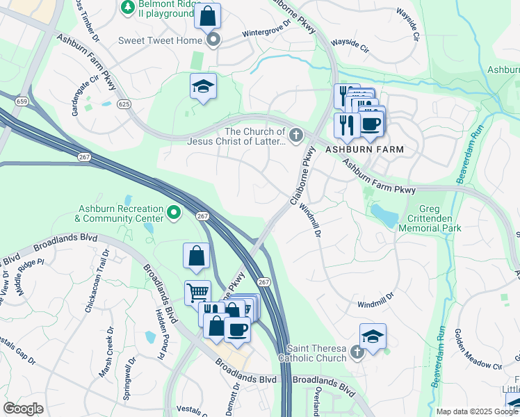 map of restaurants, bars, coffee shops, grocery stores, and more near 43187 Rockfield Court in Ashburn