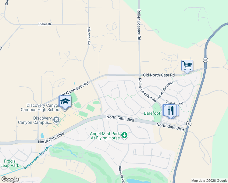 map of restaurants, bars, coffee shops, grocery stores, and more near 2045 Paradise Ridge Court in Colorado Springs