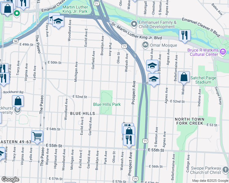 map of restaurants, bars, coffee shops, grocery stores, and more near 5115 Olive Street in Kansas City