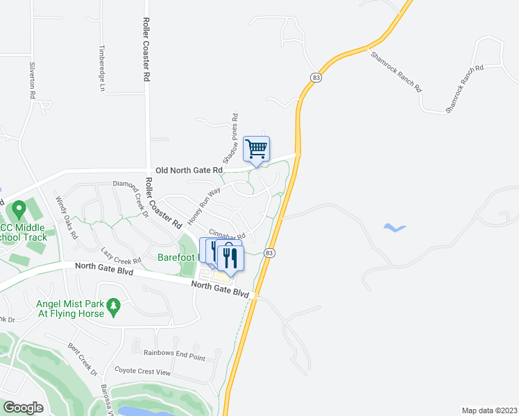 map of restaurants, bars, coffee shops, grocery stores, and more near 2674 Cinnabar Road in Colorado Springs