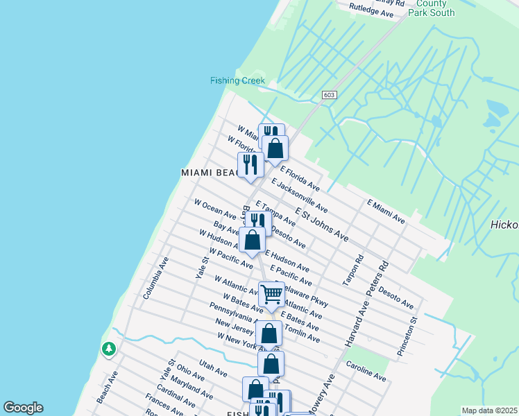 map of restaurants, bars, coffee shops, grocery stores, and more near 8a East Tampa Avenue in Lower Township