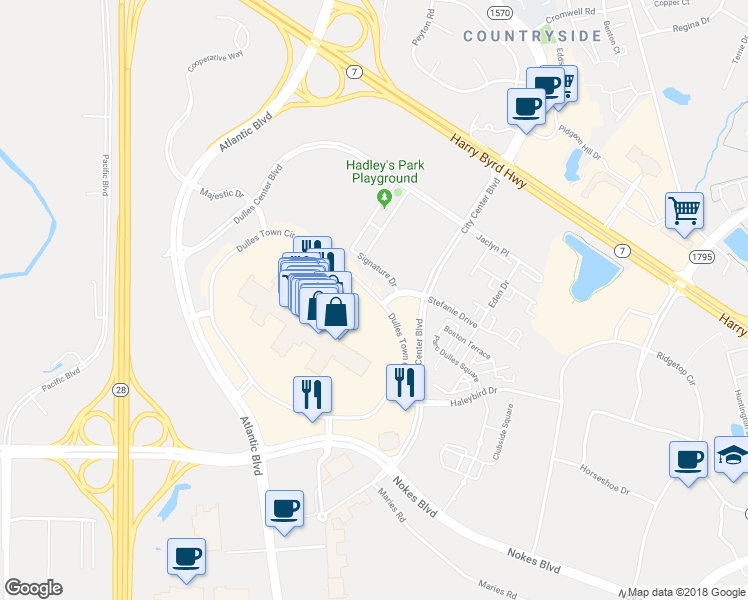 map of restaurants, bars, coffee shops, grocery stores, and more near 21060 Dulles Town Circle in Sterling