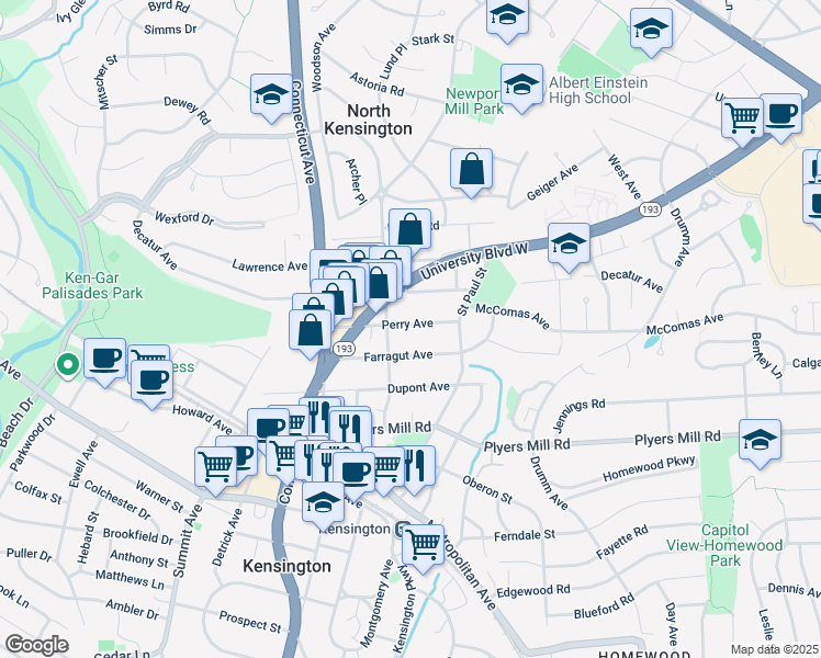 map of restaurants, bars, coffee shops, grocery stores, and more near 3602 Perry Avenue in Kensington