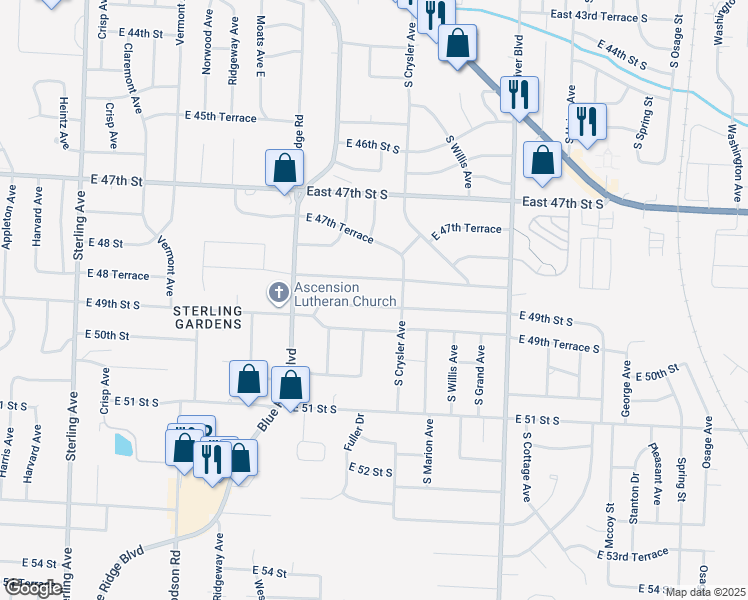 map of restaurants, bars, coffee shops, grocery stores, and more near 12212 East 49th Street South in Independence