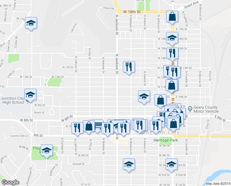 map of restaurants, bars, coffee shops, grocery stores, and more near 1014 North Jackson Street in Junction City