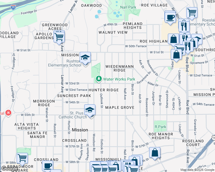 map of restaurants, bars, coffee shops, grocery stores, and more near 5300 Reeds Road in Mission
