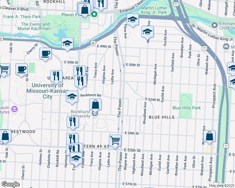 map of restaurants, bars, coffee shops, grocery stores, and more near 5136 The Paseo in Kansas City