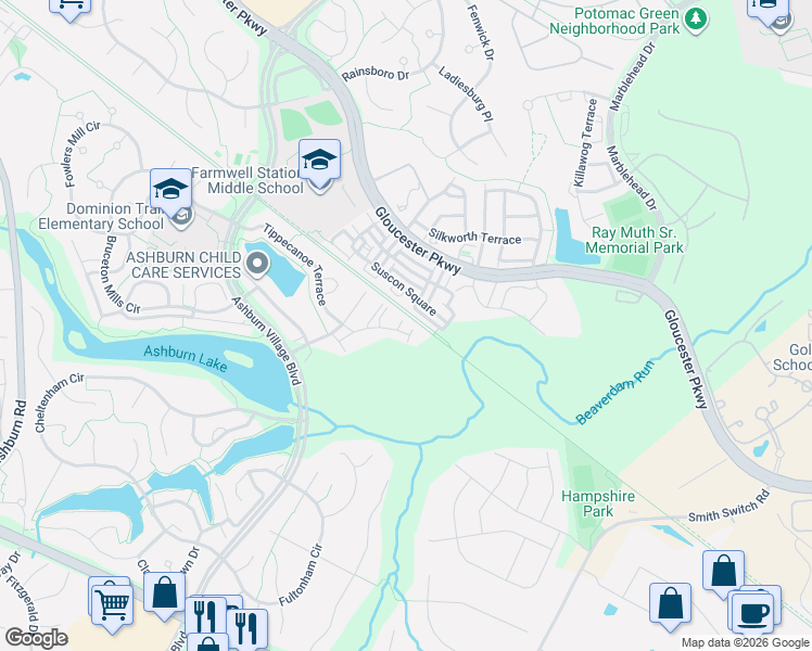 map of restaurants, bars, coffee shops, grocery stores, and more near 21076 Bitterroot Terrace in Ashburn