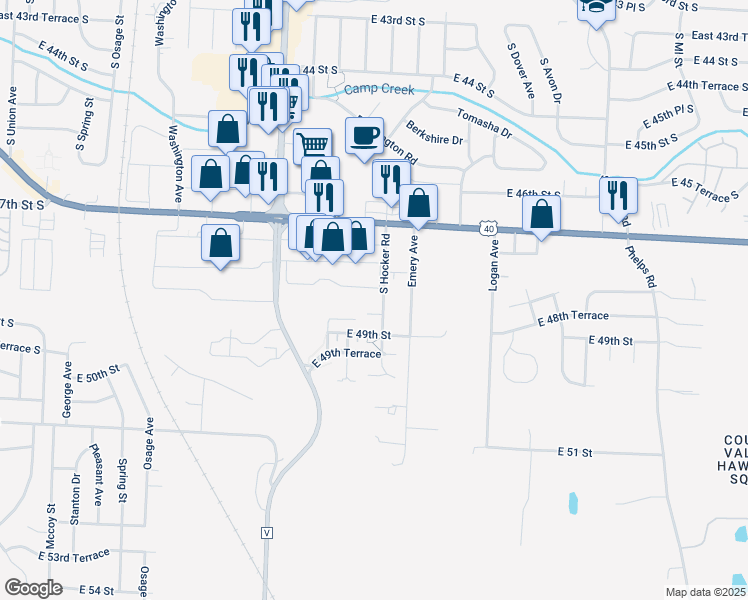 map of restaurants, bars, coffee shops, grocery stores, and more near 4800 South Hocker Road in Kansas City