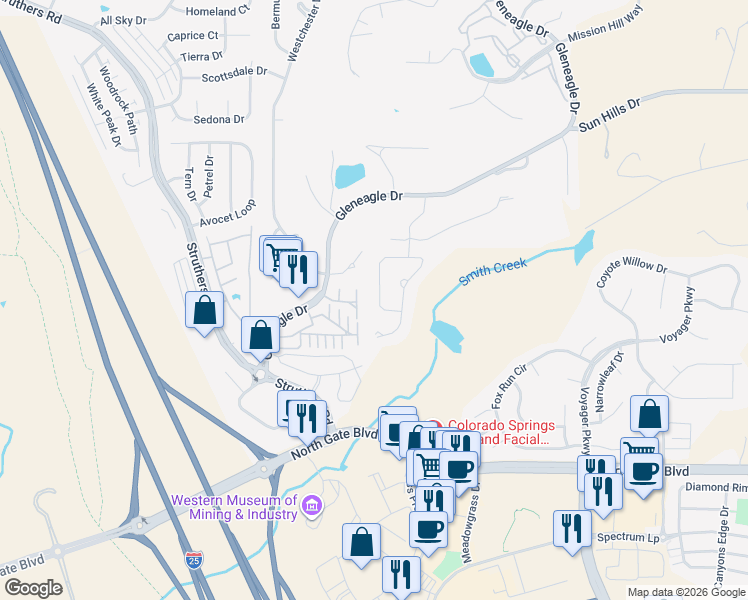 map of restaurants, bars, coffee shops, grocery stores, and more near 13786 Rivercrest Circle in Colorado Springs