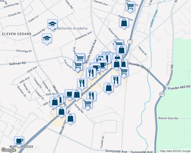map of restaurants, bars, coffee shops, grocery stores, and more near 10916 Baltimore Avenue in Beltsville