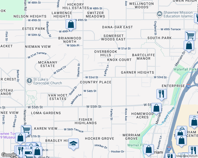 map of restaurants, bars, coffee shops, grocery stores, and more near 10023 West 53rd Street in Merriam