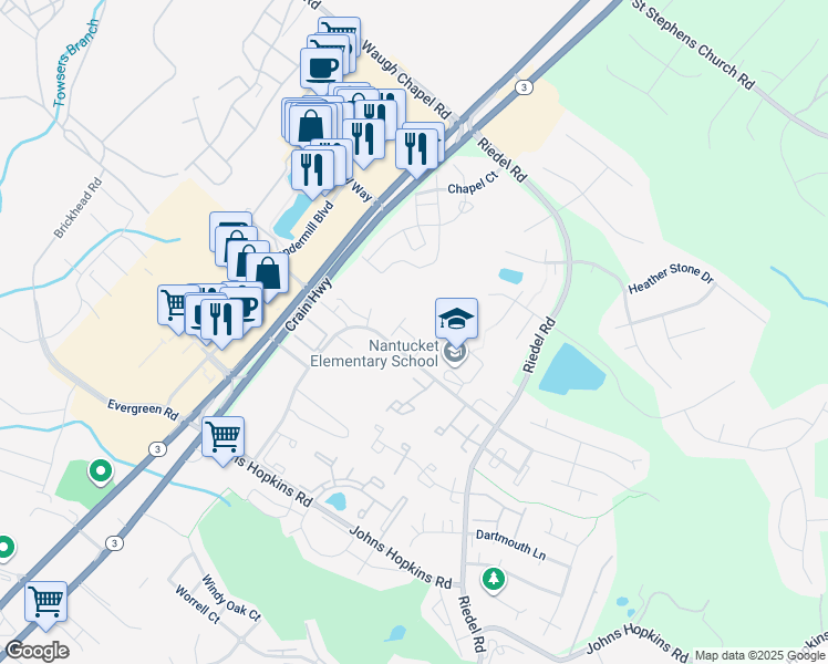 map of restaurants, bars, coffee shops, grocery stores, and more near 2306 Bellow Court in Crofton