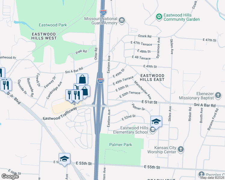 map of restaurants, bars, coffee shops, grocery stores, and more near 7404 East 50th Street in Kansas City