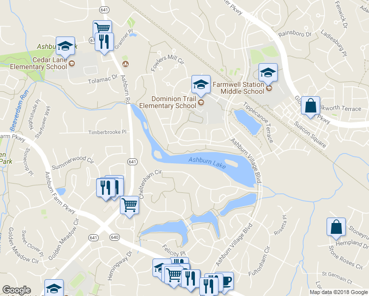 map of restaurants, bars, coffee shops, grocery stores, and more near 43963 Lords Valley Terrace in Ashburn